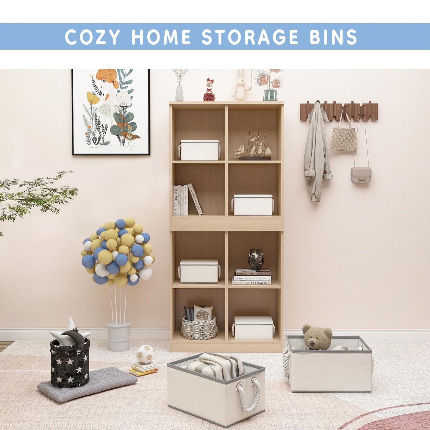 Large Fabric Storage Bins for Shelves with Handles 3 Pack | Storage Baskets for Organizing and Cloth Bins | Folding Rectangle Closet storage bins for Cloth and Magazine,Beige,15"W x 10.5"D x 8.5"H