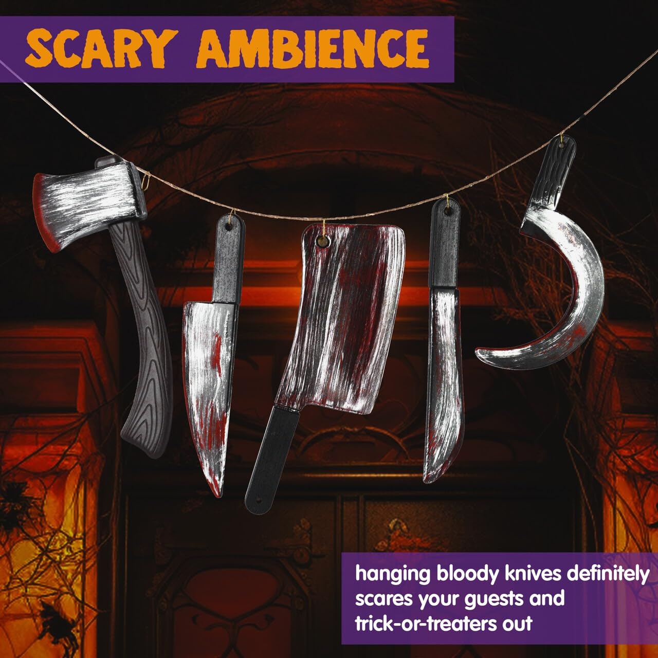 JOYIN 5 Pcs Knife Weapons Halloween Decorations Outdoor Indoor Toys Home Decor Haunted House Fake Blood, Machete Axe Cleaver Sickle