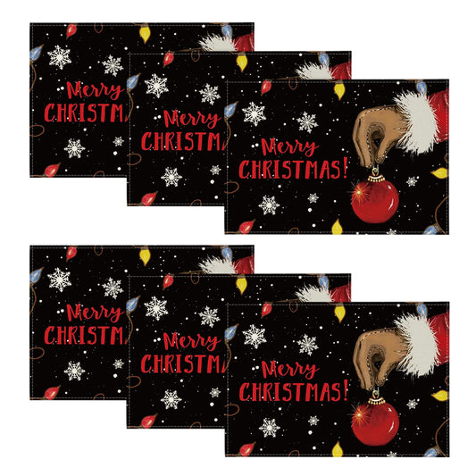 Xmas Ball Merry Christmas Placemats Set of 6, 12x18 Inch Seasonal Winter Holiday Black Table Mats for Party Kitchen Dining Decoration