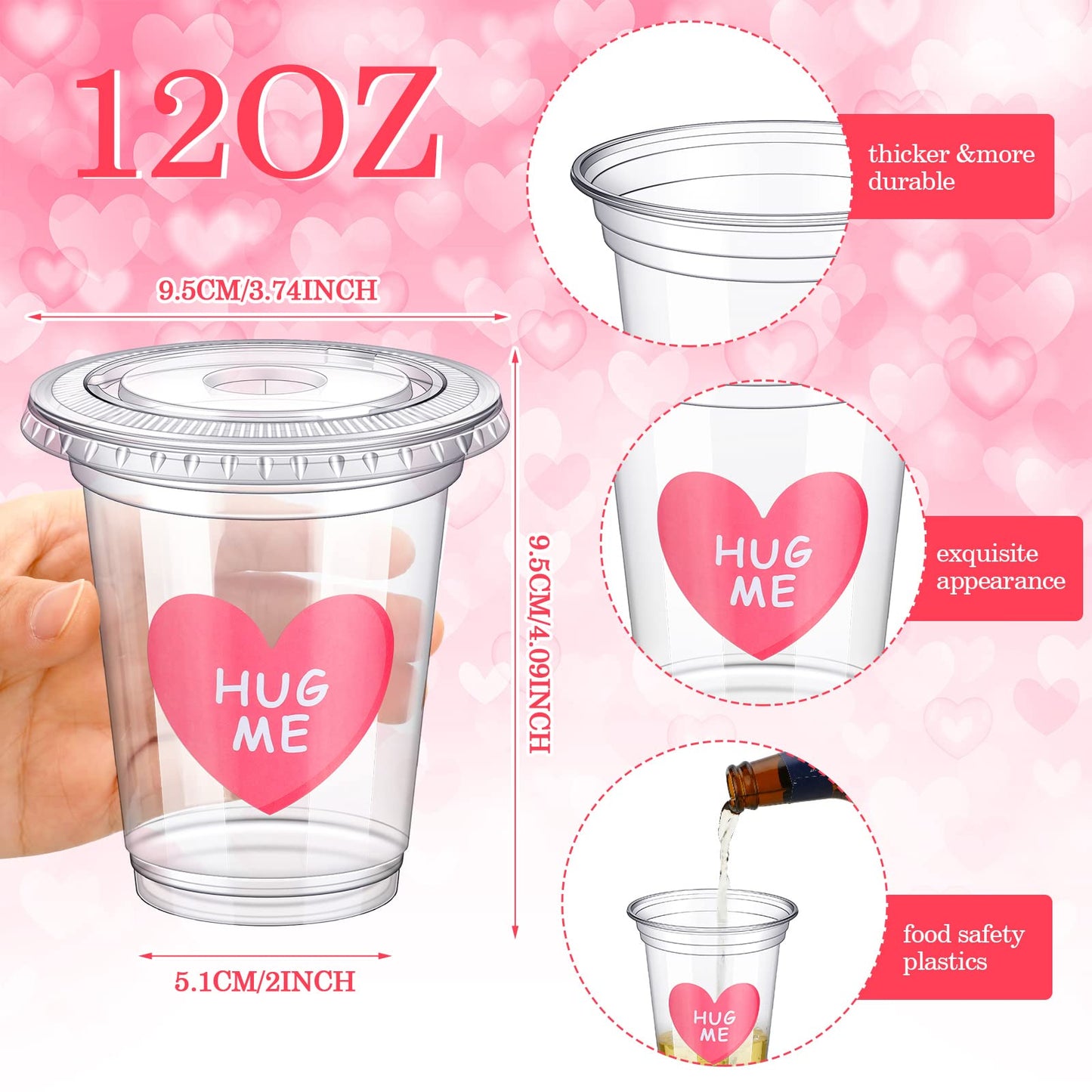 20 Sets Valentine's Day Disposable Cups with Lid and Straws,12 oz Clear Plastic Valentines Cups with Stickers for Iced Coffee Juice Valentine's Day Party Supplies (Classic)