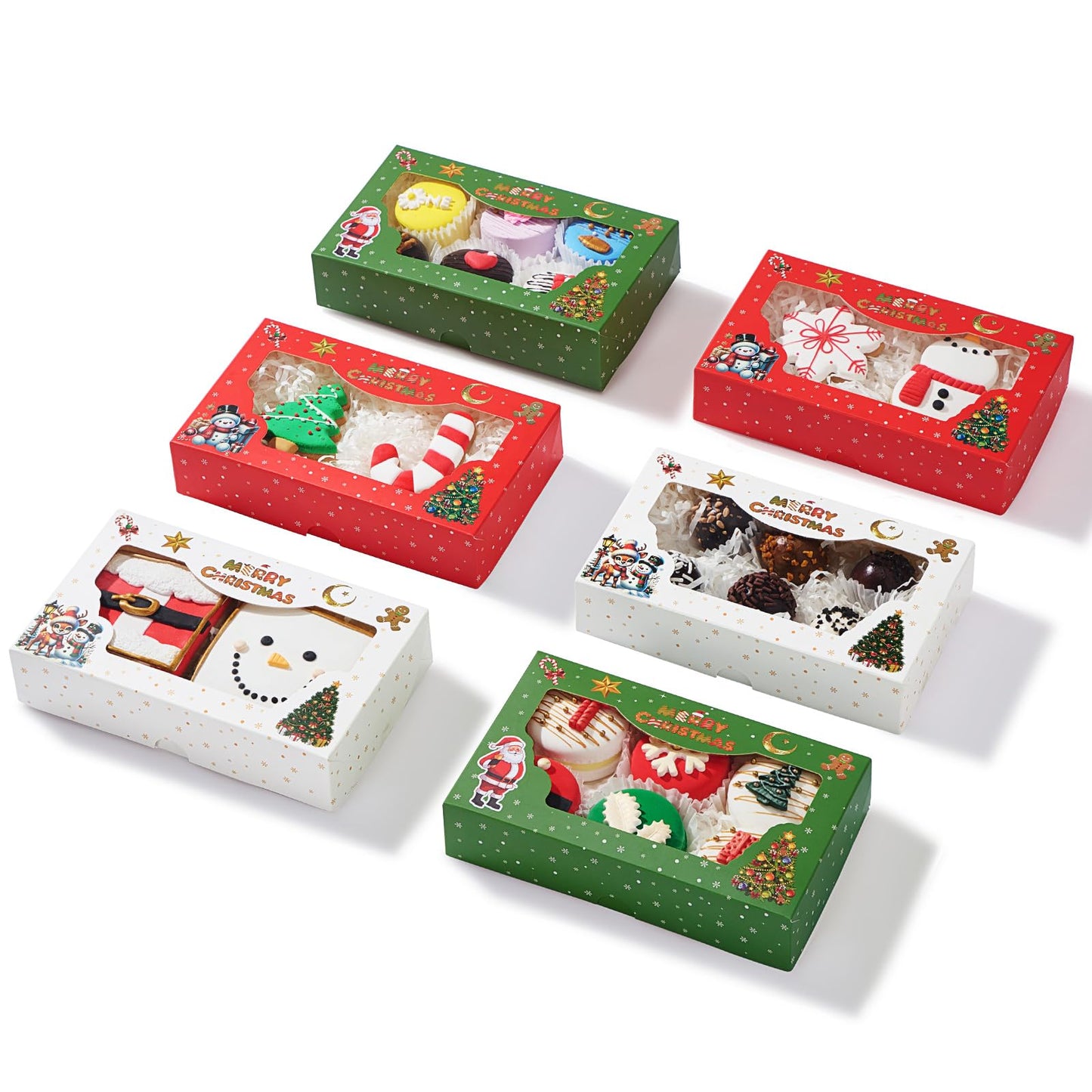 24PCS 7x4.3x1.5Inch Christmas Cookie Gift Boxes (3 Patterns&Clear Window) – Ideal for Cookie, Strawberry, Macaron, Ores; Treat Boxes for Party, Wedding, Birthday, Christmas Gift-Giving
