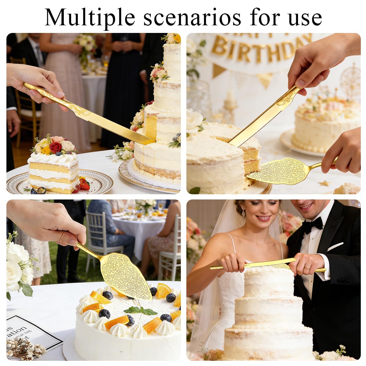 Berglander Gold Wedding Cake Knife and Server Set, Titanium Gold Plating With Unique Pattern Design Cake Cutter Serving Set Perfect For Wedding, Birthday, Parties and Events Dishwasher Safe
