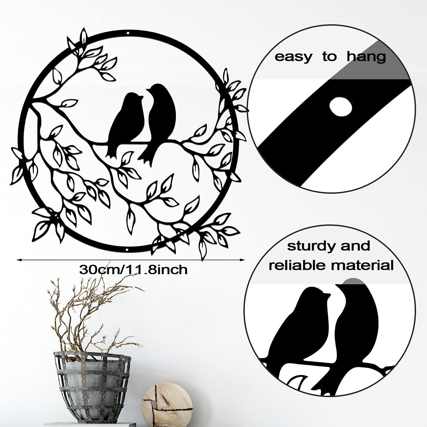 Metal Wall Art Bird on Tree Branch Silhouette Bird Art Decor for Living Room Garden Bedroom Office Home Wall Housewarming Party Decor(Black)