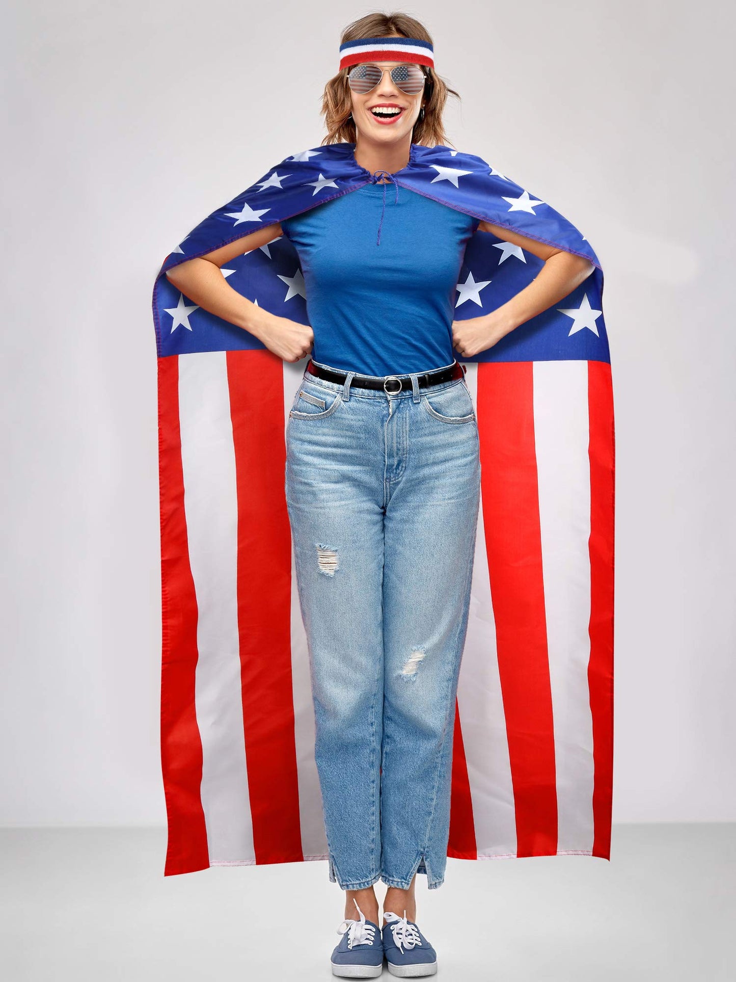 Frienda American Flag Costume Cape, 4th of July 250th Retro 80's USA Sunglasses and Flag Headband for 250th Anniversary(Classic Style)