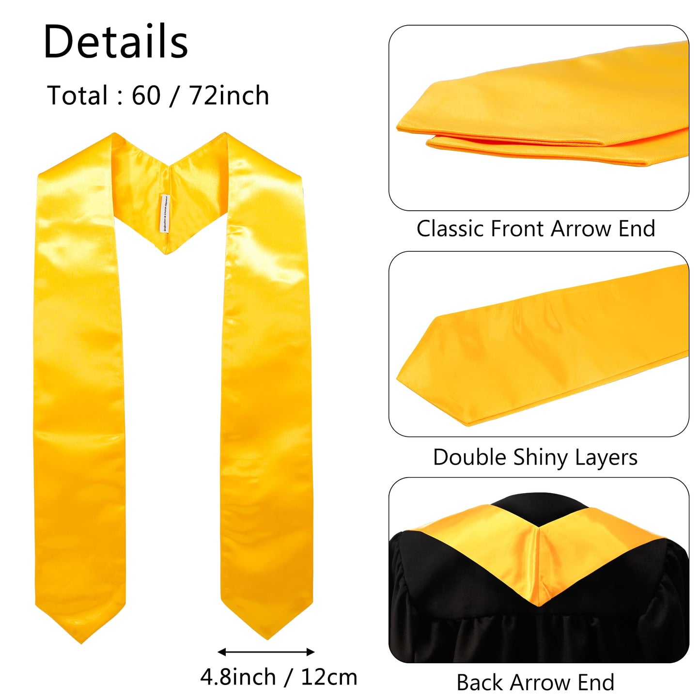 GraduationMall Unisex Adult Plain Graduation Stole 60" Gold