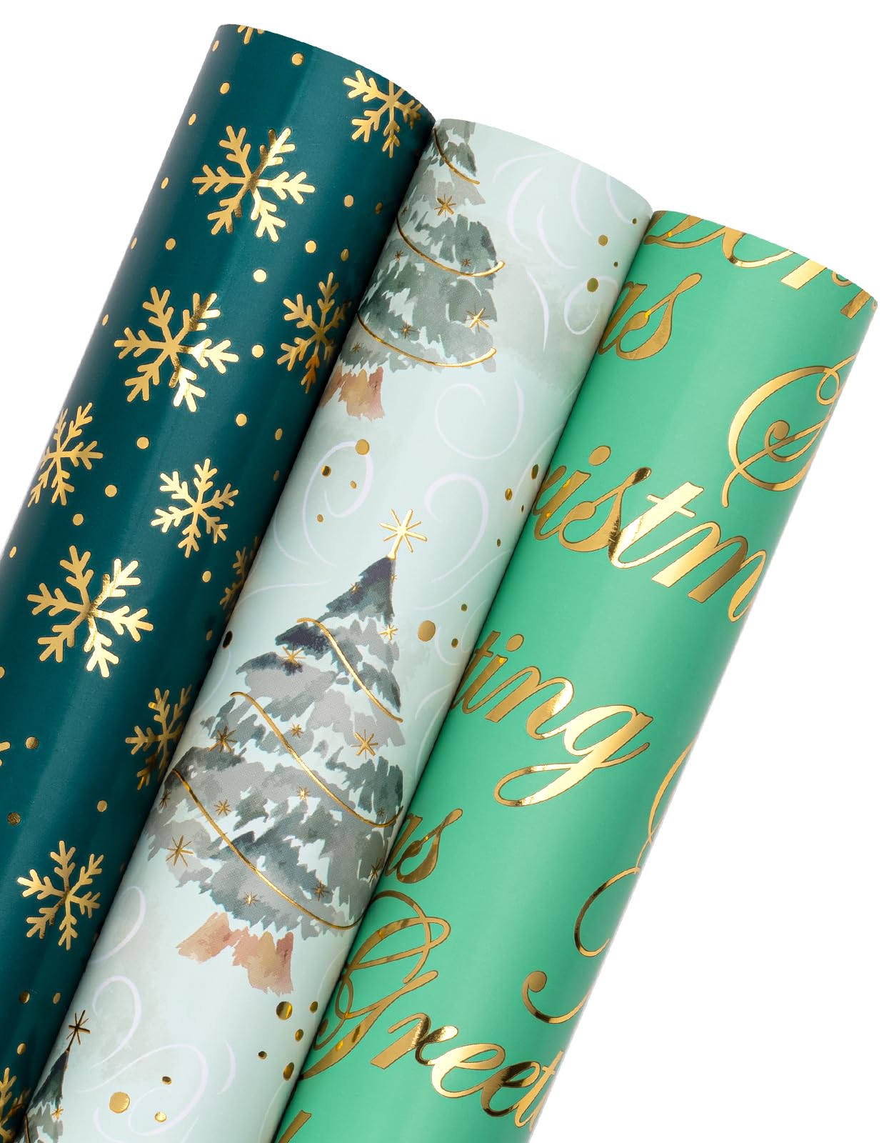 Christmas Wrapping Paper - 3 Rolls, 17 Inch X 120 Inch Each - Green Foil Christmas Tree, Snowflake Designs with Metallic Shine - Perfect for Christmas, Holiday