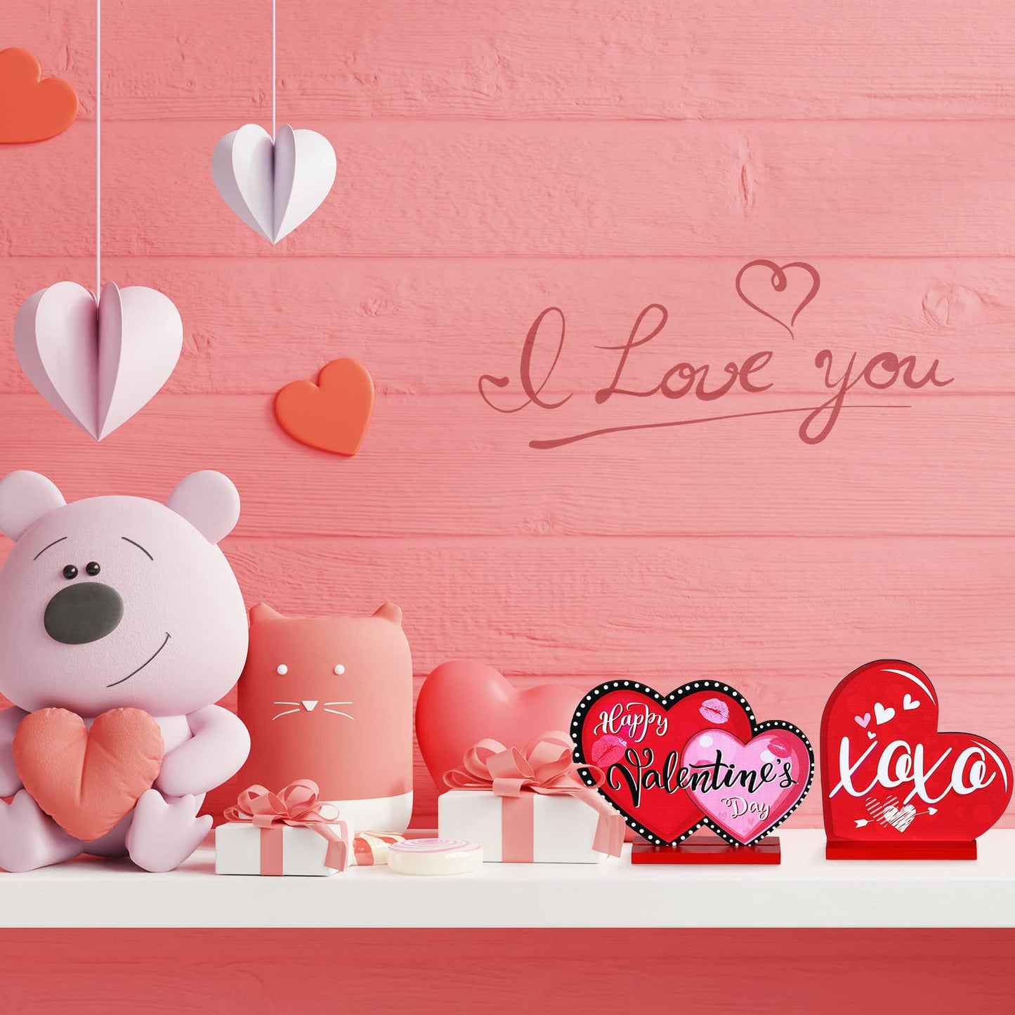 5 Pcs Valentine's Day Wooden Table Sign Decoration Freestanding Table Centerpiece Sign Romantic Love Heart Shape Home Decor Tiered Tray Wood Gnome Valentines Day Accessories(Red)