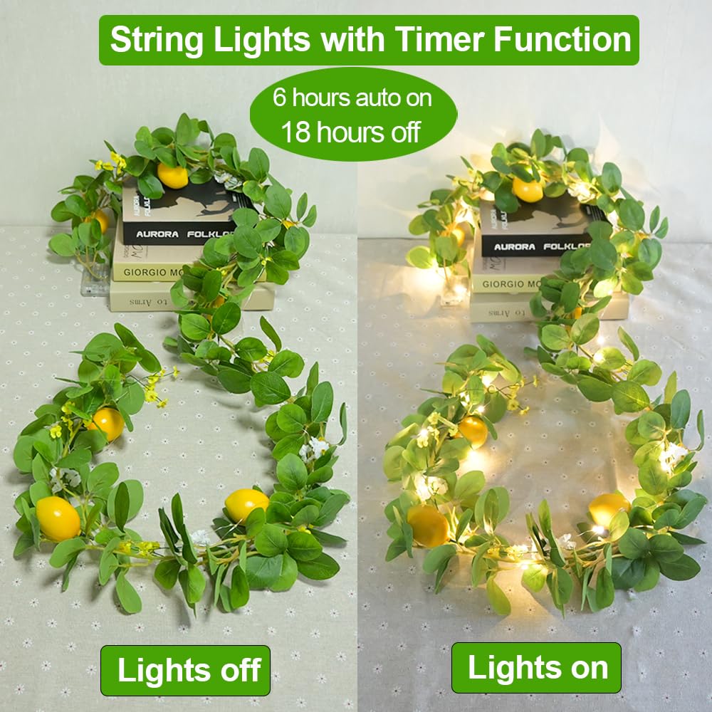 Upgraded Dense Artificial Lemon Garland with Lights Spring Summer Greenery Lemon Vine Plants Faux Fruit Cute Flowers Hanging Wreath for Wedding Home Garden Mantel Table Party Christmas Decor