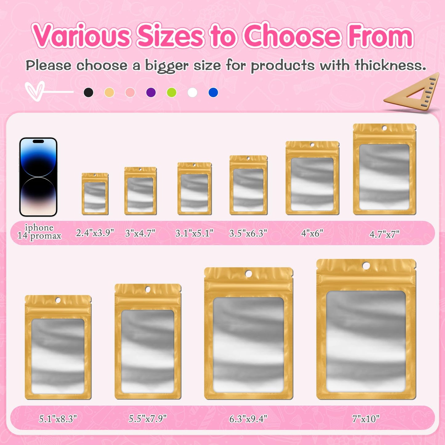 FUNFERY 100 Pack Mylar Resealable Bags Foil Packaging Bags with Clear Window,Zipper Pouch Smell Proof Bag for Food Storage,Cookies,Sample,Small Business(Gold,3x4.7inch)