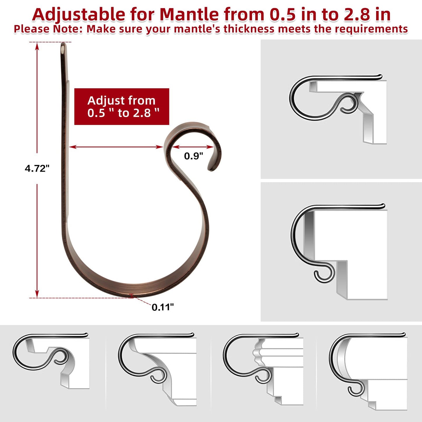 FINMOR Christmas Stocking Holders for Mantle Set 4,Lightweight Stocking Holder No-Slip Stocking Hangers for Mantel Fireplace,Adjustable Mantel Stocking Hooks