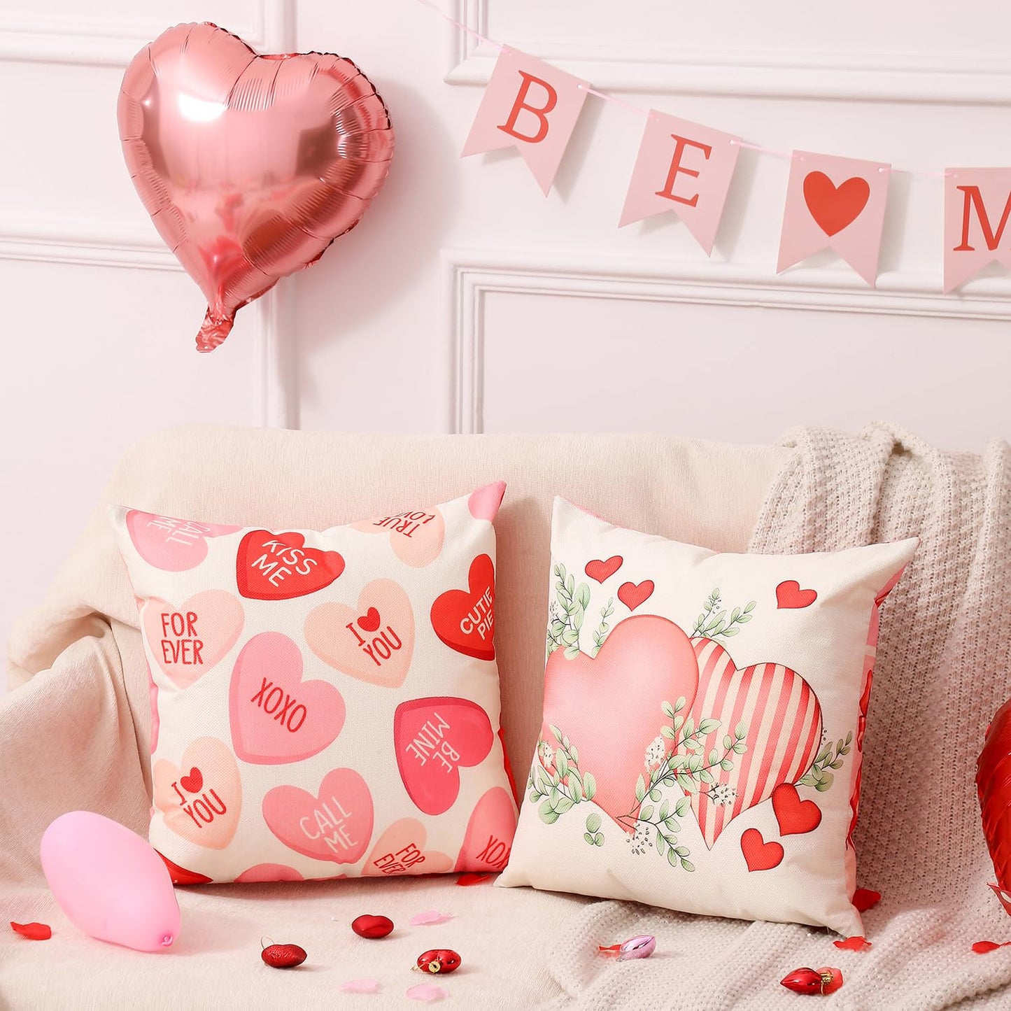 Valentine Decorations Set of 4 Double-Sided Valentine's Day Throw Pillow Covers 18" x 18", Reversible 8 Designs, with 16 pcs Heart & Love Balloons, Stickers, Complete Valentines Decor Kit