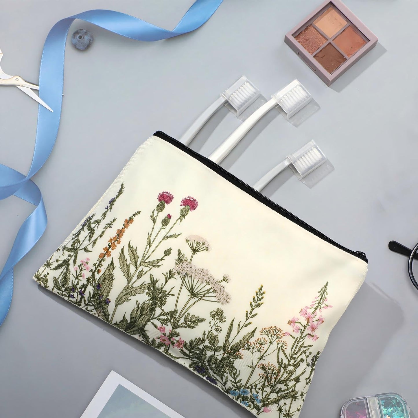 Sadnyy 2 Pcs Wildflower Aesthetic Canvas Tote Bags for Women with Makeup Zipper Pouch Mother's Day Cute Floral Reusable Shoulder Tote Bag for Graduation Teacher Beach Shopping Travel Work Gym Grocery