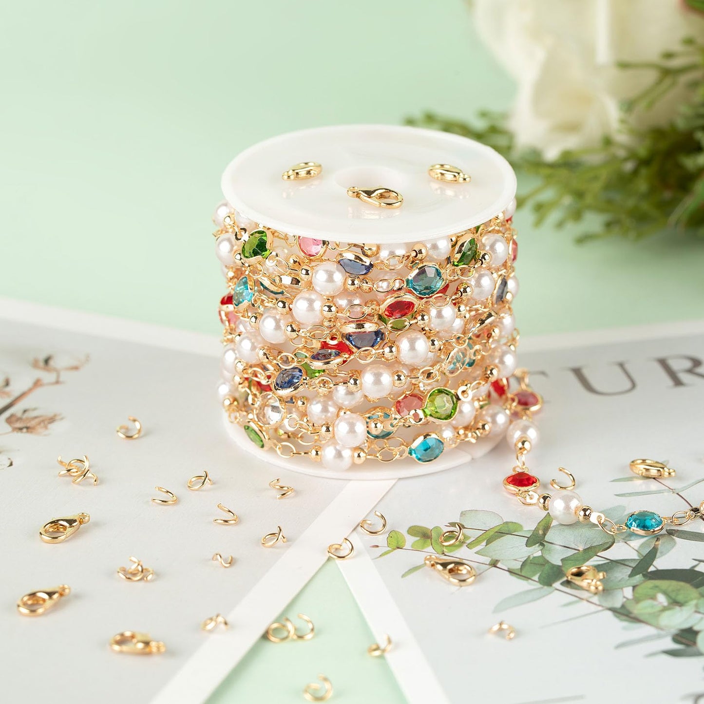 KYUNHOO 3M Artificial Pearl Chains for Jewelry Making, Mixed Color Rhinestone Jewelry Chains Bulk with Jump Rings and Lobster Clasps Jewelry Supplies Findings