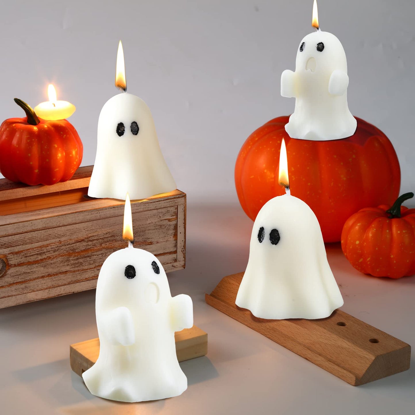 Minatee 4 Pieces Large Halloween Ghost Candles Ghost Scented Candles White Candles Spooky Candles Gifts for Ghost Decor Home Decor Halloween Party Bedroom Room Table Decorations, 2 Style