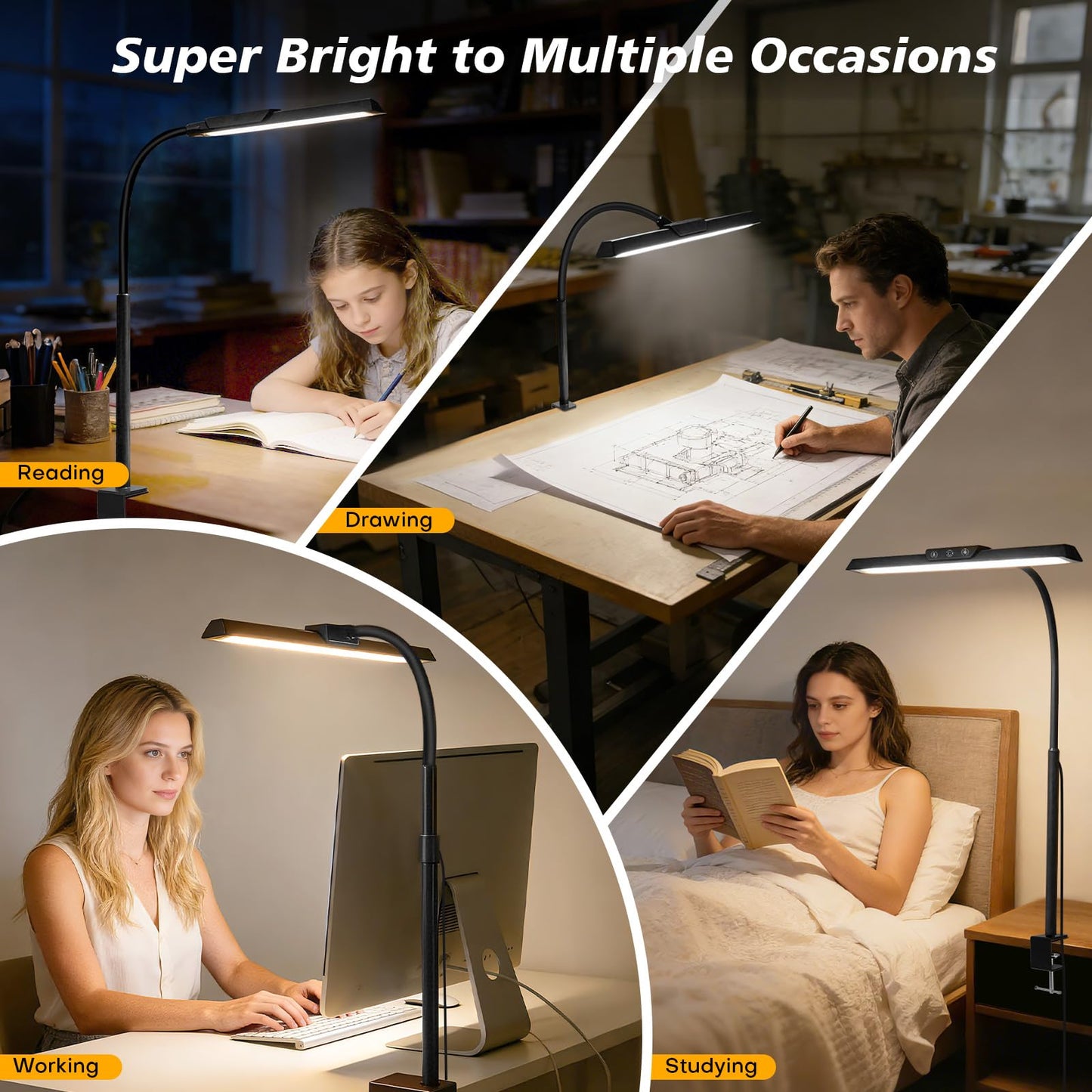 LED Desk Lamp for Office Home, Stepless Dimming Architect Desk Light with DC Adapter, Eye-Caring Desk Lamp with Clamp, 25 Lighting Modes Adjustable 12.8in Flexible Gooseneck for Workbench, Drafting