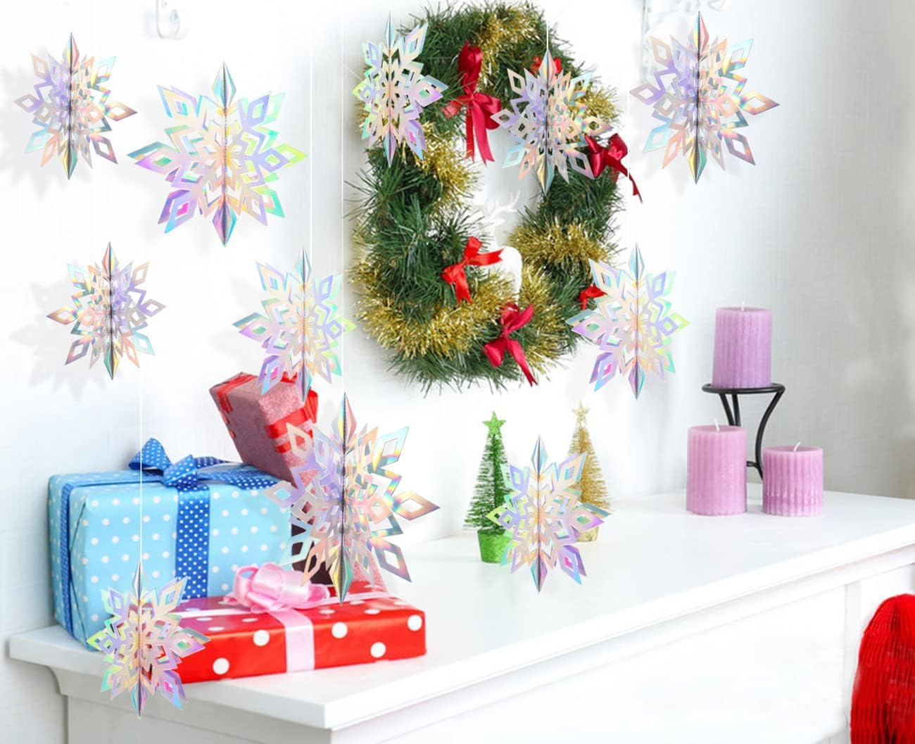 GuassLee Christmas Hanging Snowflakes Decorations Clearance 15pcs 3D Iridescent Paper Snowflakes Snow Flakes Garland for Winter Wonderland Frozen Christmas Birthday Party Decorations