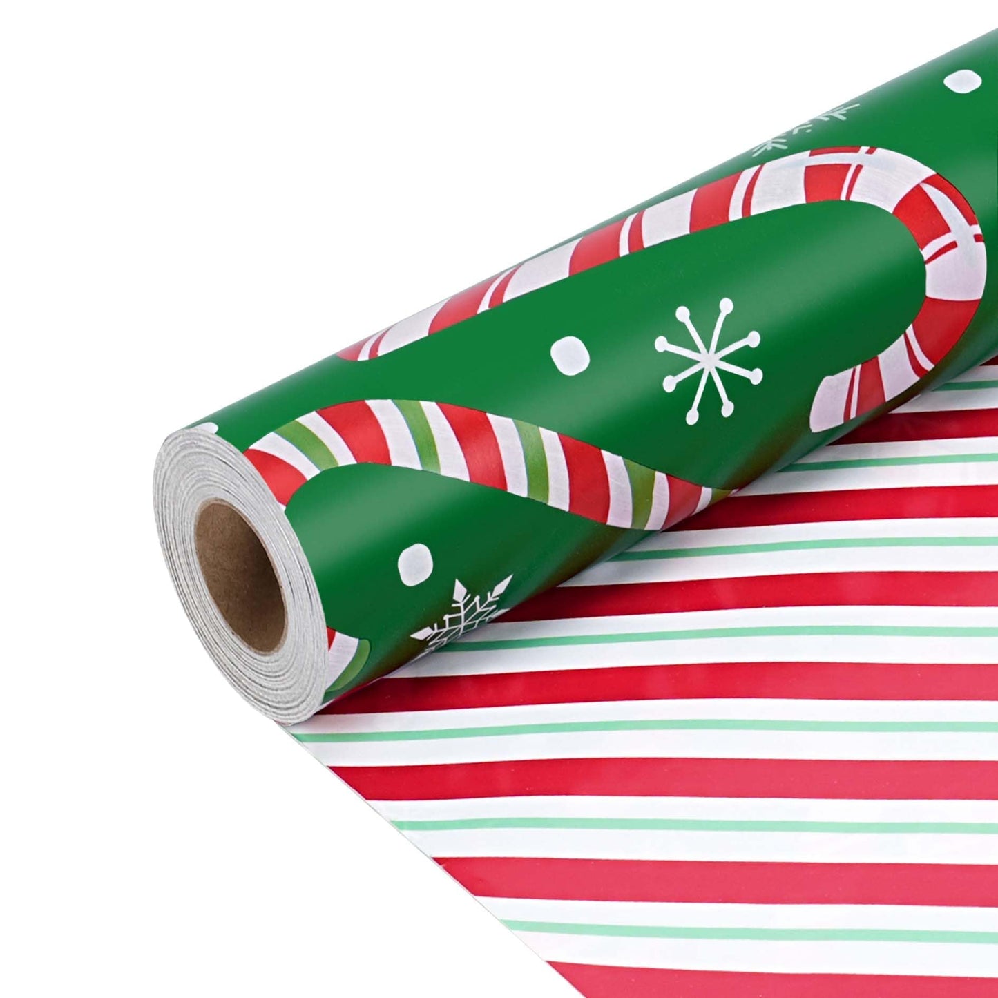 Reversible Green Christmas Wrapping Paper Roll, Classic Candy Cane & Red Striped Gift Wrap for Christmas, Holiday, Winter Party, 17 Inch x 33 Feet