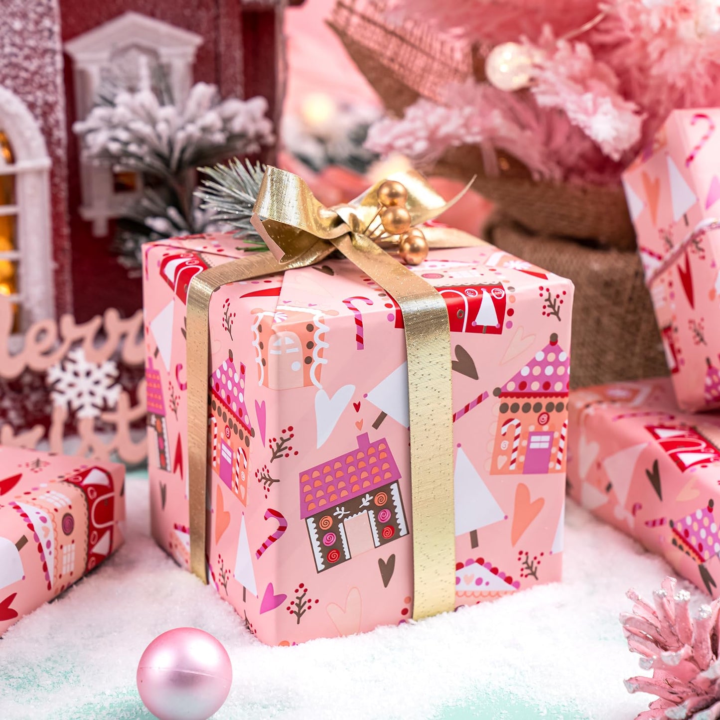 Reversible Christmas Wrapping Paper - Mini Roll - 17 Inch x 33 Feet - House with Christmas Tree and Candy Cane Wrapping Paper for Holiday, Party Celebration