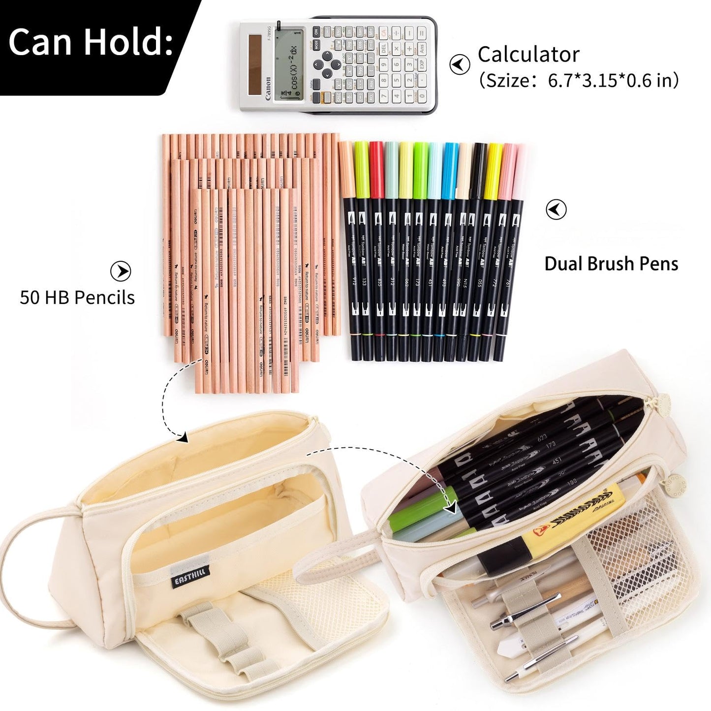 EASTHILL Pencil Case Large Capacity Pencil Pouch School Suppies Pen Case Stationery College Office Organizer for Girls Adults-Cream