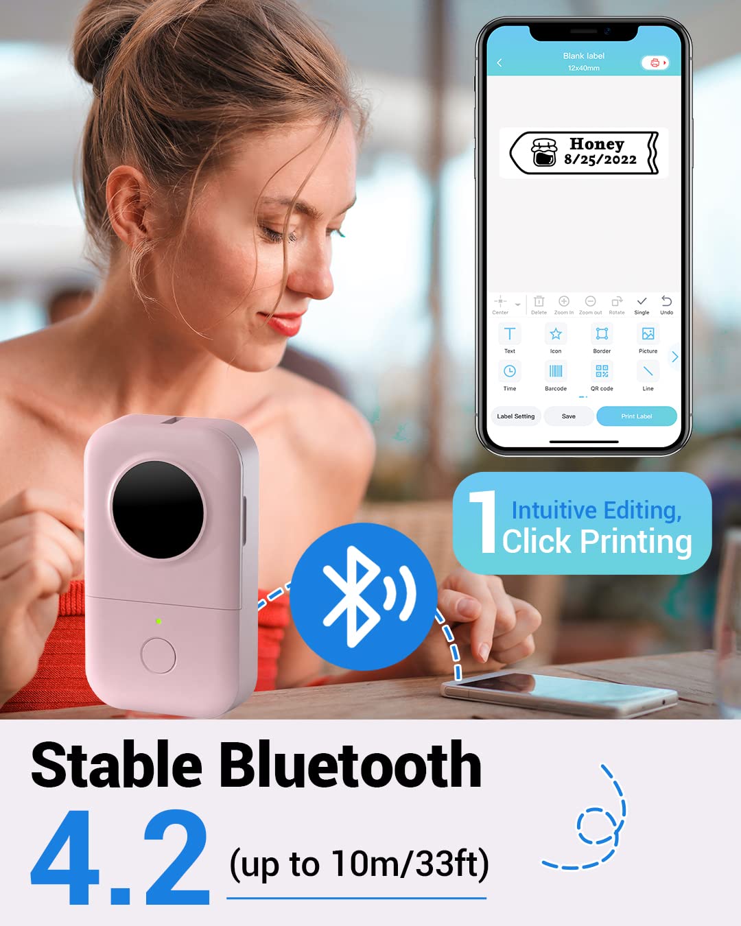 Label Maker Machine - D30 Wireless Cute Easy-to-Use Smart Labeler Maker, Multiple Templates Calligraphy and Icons Available, for Office Home Storage Organization, with Free Sample Label, Pink