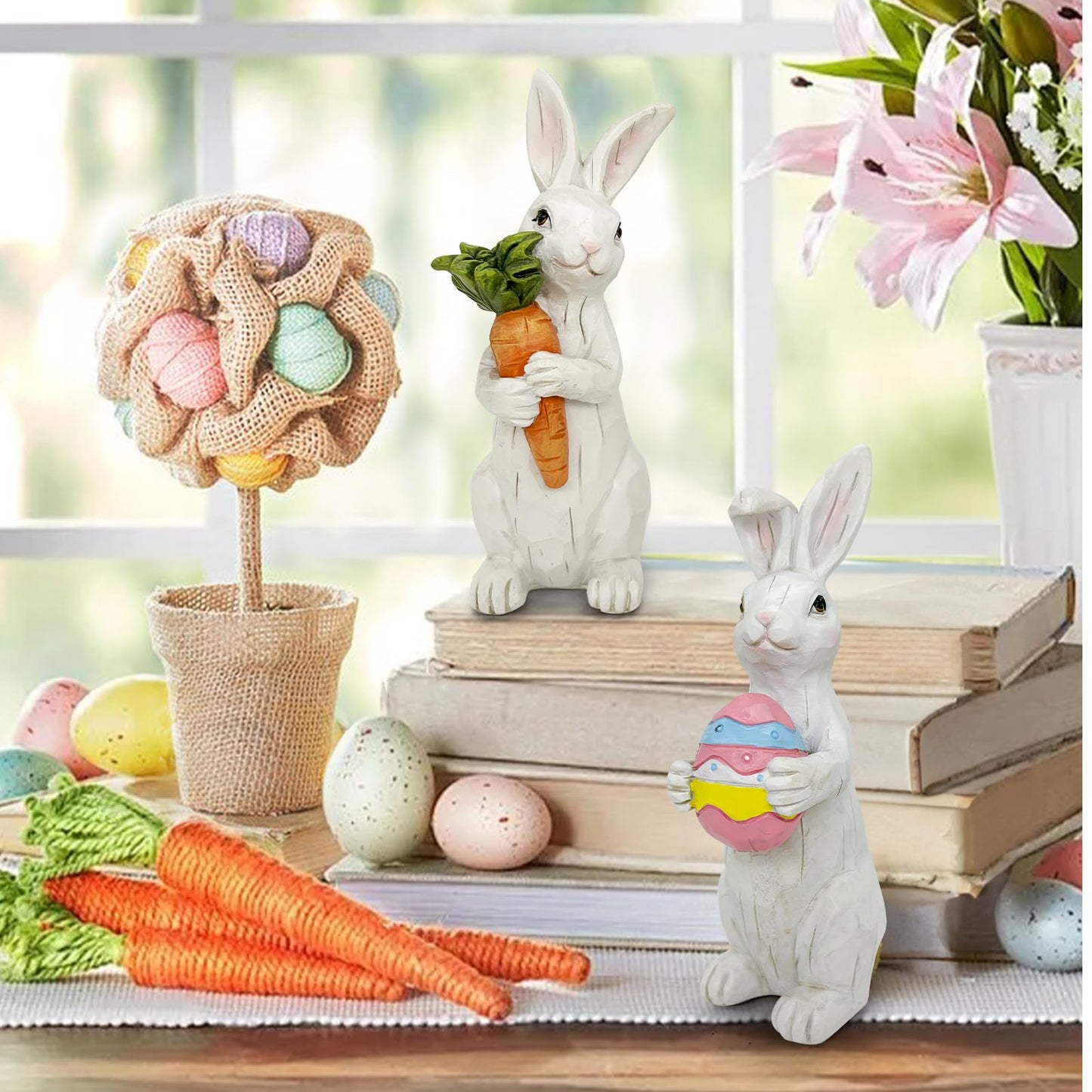 Easter Decorations - Easter Bunny Decor Spring Decorations Resin Rabbits Statues with Carrot and Egg for Home Tabletop Centerpiece Indoor Gifts