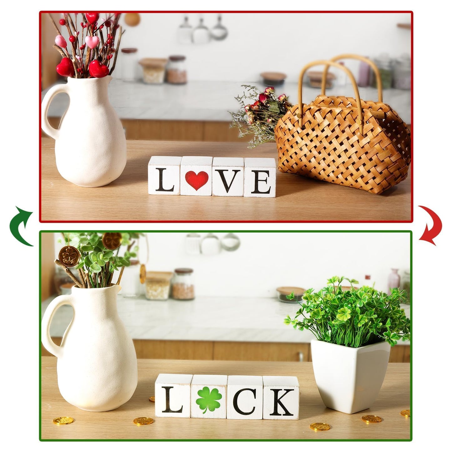 Valentines/St. Patrick’s Day Decorations, 4Pcs Rustic LOVE Wooden Centerpieces Decor Signs, Farmhouse Valentines Galentines Day Decor for the Home Office Table Mantel Shelf Gifts