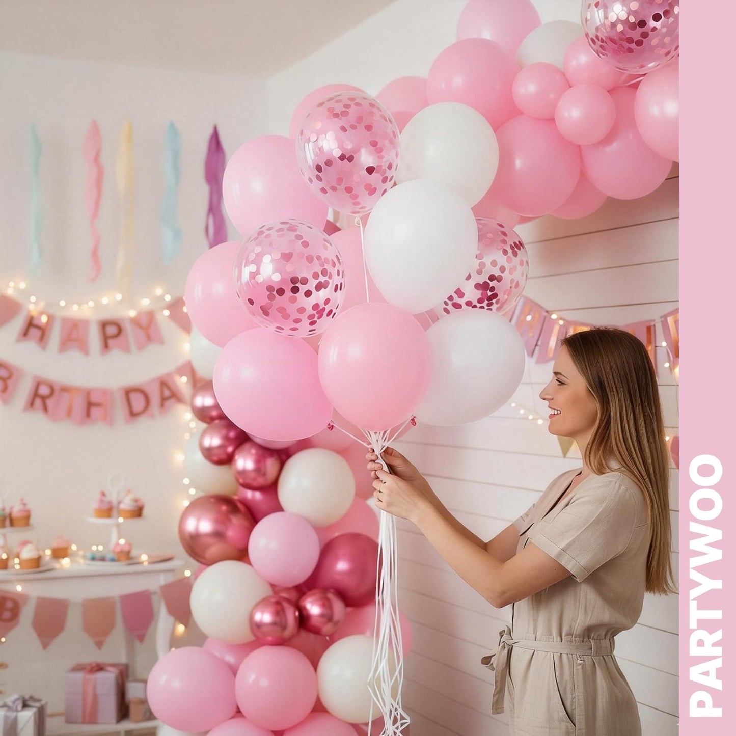 PartyWoo Pink and White Balloons 66pcs 12 Inch Light Pastel Baby Metallic Pearl Pink Matte White Confetti Balloons for Gender Reveal Wedding Bridal Girl Baby Shower Princess Birthday Party Decorations