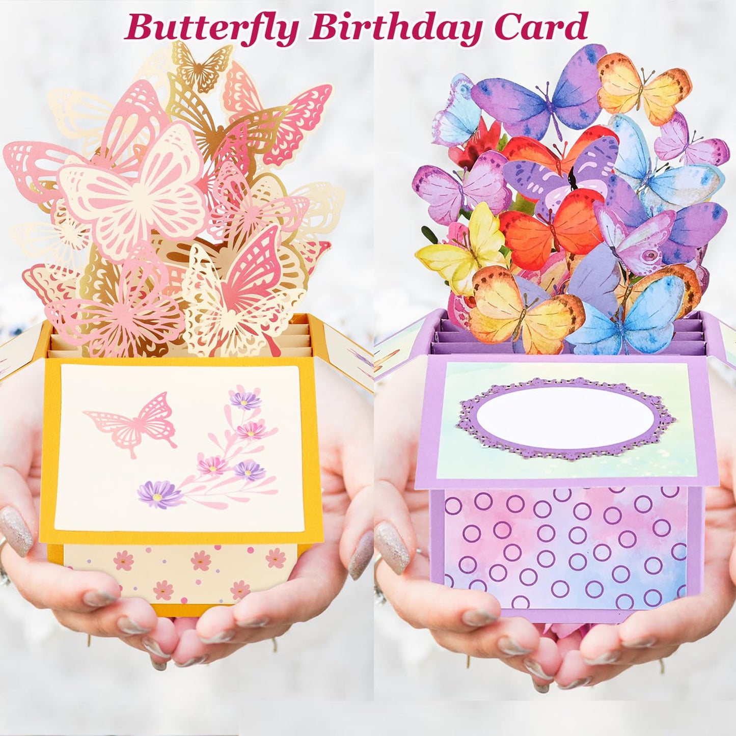 Giiffu 4 Pack 3D Pop Up Birthday Cards for Women, Butterfly & Floral Tea Party Designs, Pop Up Flower Bouquet Cards with Envelopes & Notes, Birthday, Mothers Day, Thank You Cards
