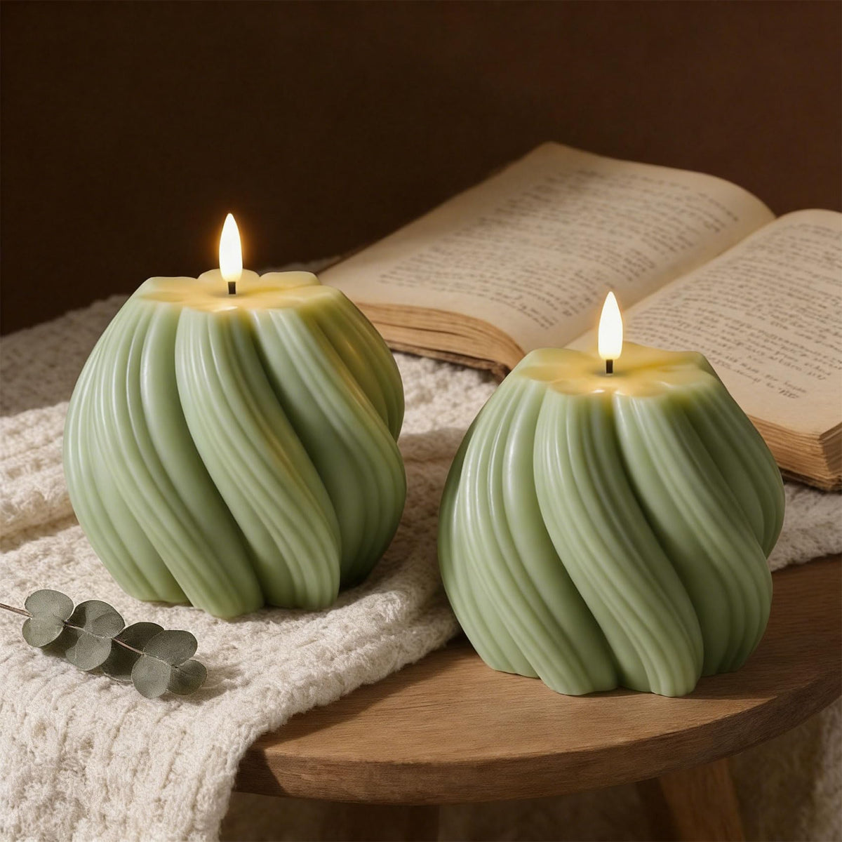 Girimax Sage Green Swirl Flameless Candle with Remote Timer