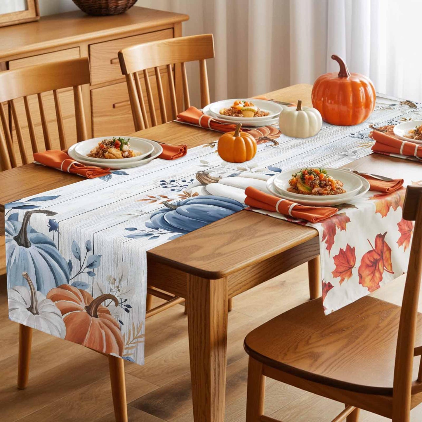 Fall Table Runner Blue Pumpkin Table Runners for Dining Room Leaves Floral Wood Grain Dinner Runner Thanksgiving Kitchen Decor 13" x 72"