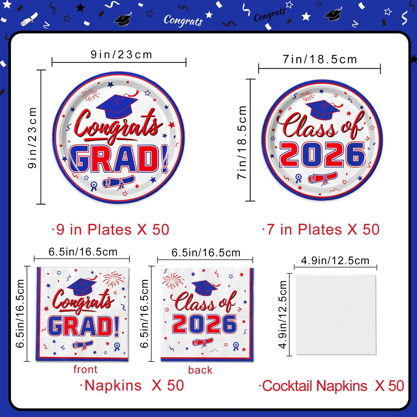 Graduation Party Supplies Kit Serves 50 - Graduation Party Red and Blue Class of 2026 Tableware Disposable Dinner Plates Dessert Plates and Napkins for Congrats Grad Party Decorations