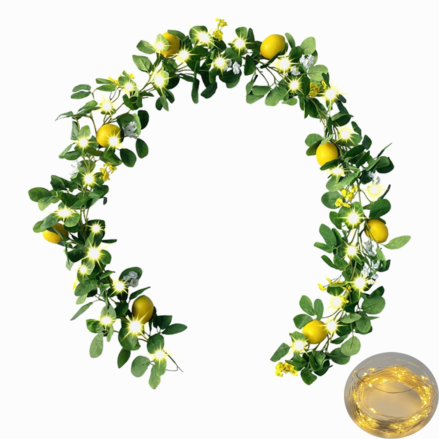 Upgraded Dense Artificial Lemon Garland with Lights Spring Summer Greenery Lemon Vine Plants Faux Fruit Cute Flowers Hanging Wreath for Wedding Home Garden Mantel Table Party Christmas Decor