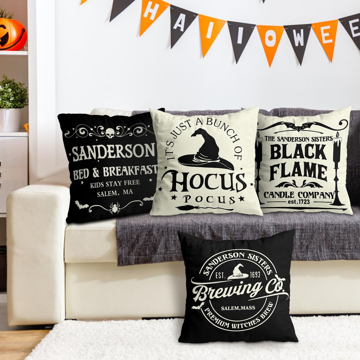 Halloween Decorations Pillow Covers 18x18 Set of 4 Halloween Decor Indoor Outdoor Hocus Pocus Farmhouse Saying Halloween Decorative Clearance Cushion Cases Party Supplies for Home Sofa Couch Bed Chair