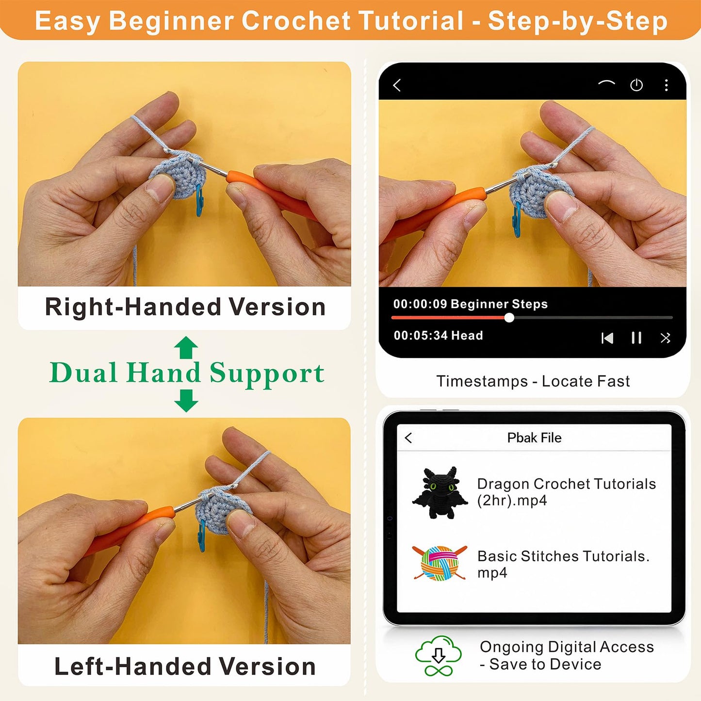LuNuaFvy Crochet Kit for Beginners Adults & 12+ Kids – Complete Starter Kit to Make 2 Amigurumi Dragons with Left/Right-Hand Video Tutorial (4hr), 3-Way Animal Patterns, Gift & Storage Bags