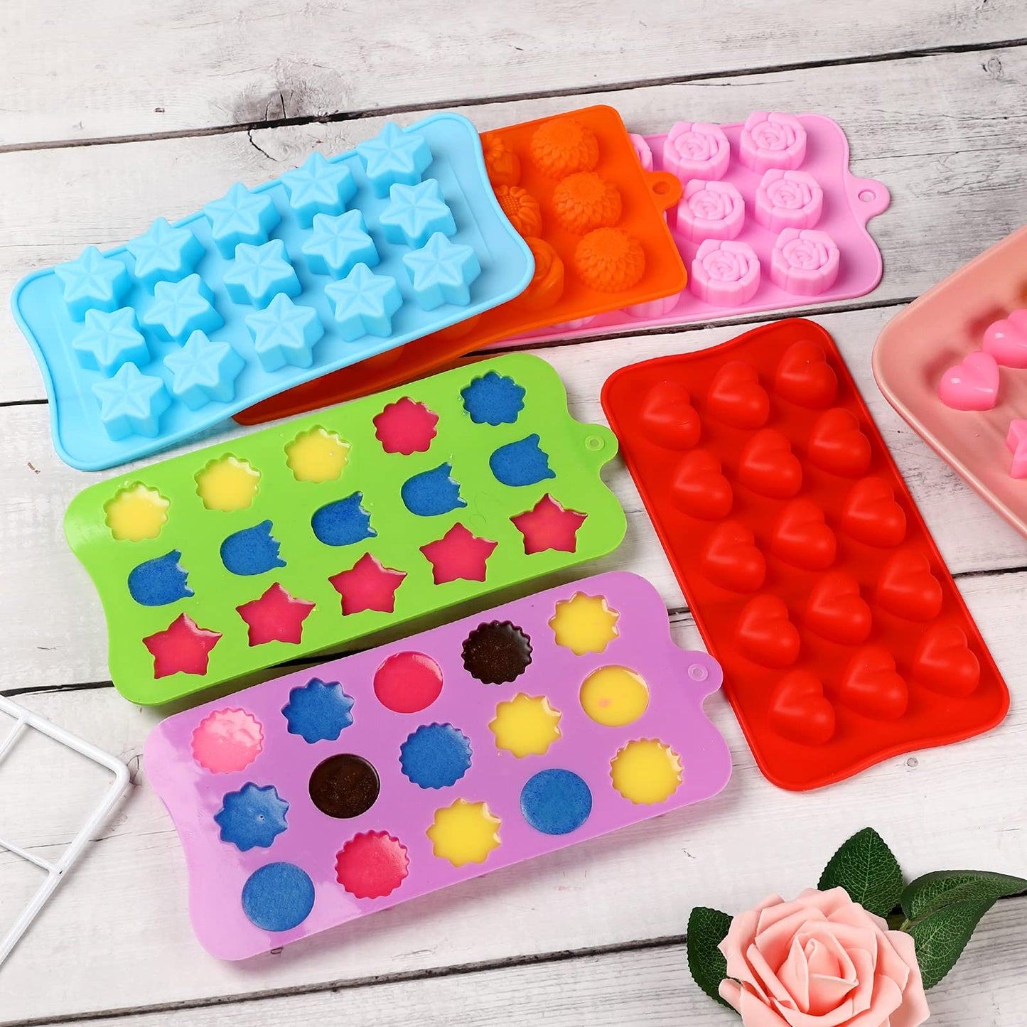 FIRETREESILVERFLOWER Flower Shape Chocolate Candy Molds Set,Heart,The stars,The rose,Flowers in Combination,15 Cavity Silicone Baking Mold Ice Cube Tray-Wedding,Festival,Parties and DIY Crafts-(6Pcs)