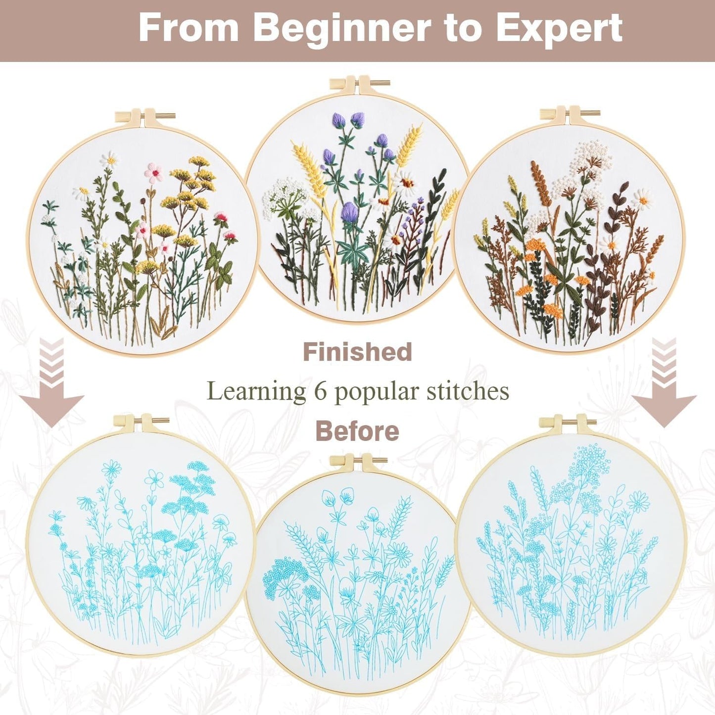 Embroidery Kit for Beginners Set of 3, Flower Pattern Embroidery Kits for Starter or Adults Hand DIY Practice Kit, Step by Step Instructions and Video Tutorial