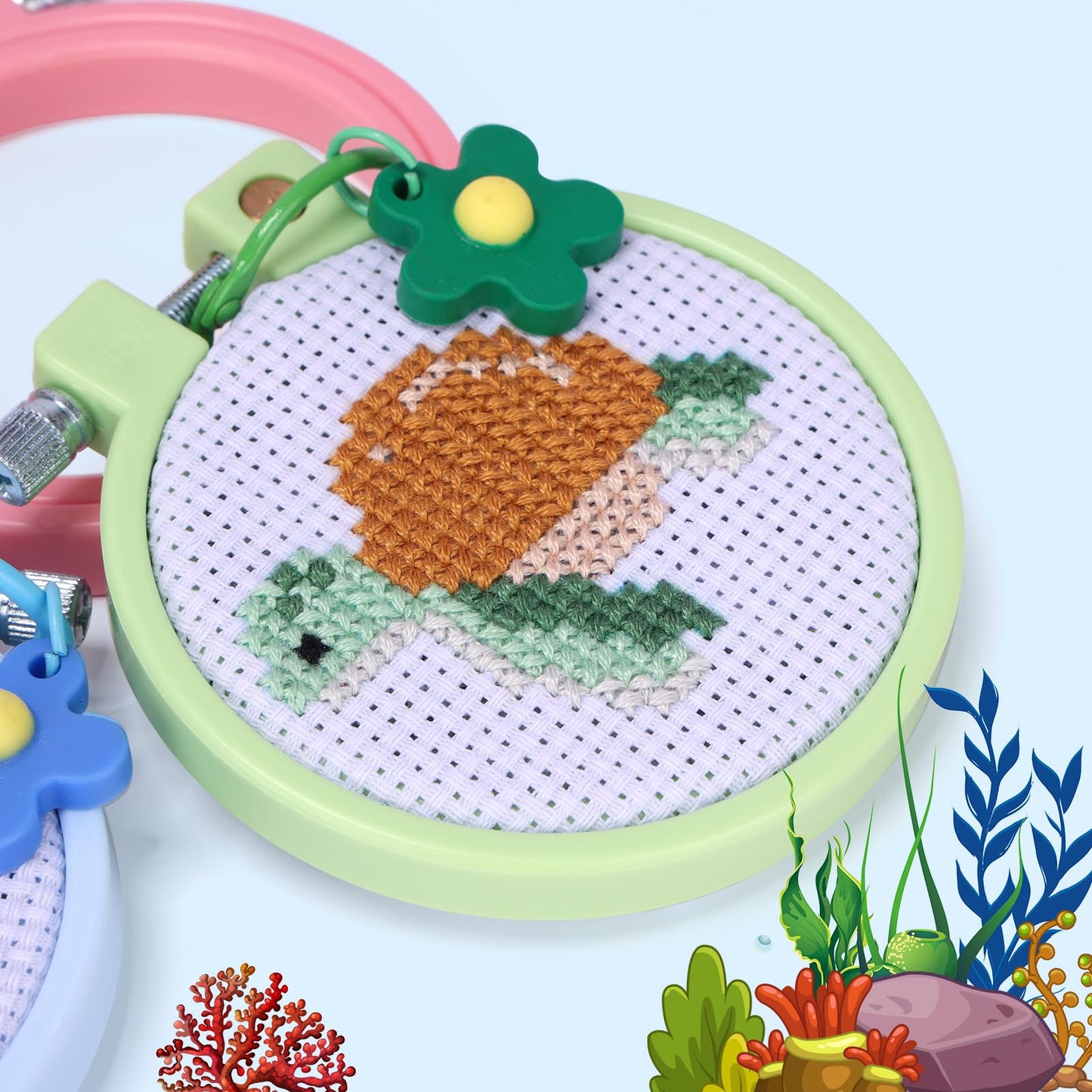 6 Pieces Sea Animal Cross Stitch Kit for Kids with Stamped Aida Cloth, Embroidery Hoops, Keychains, Embroidery Tools and Instructions for Beginners DIY Craft Ornament
