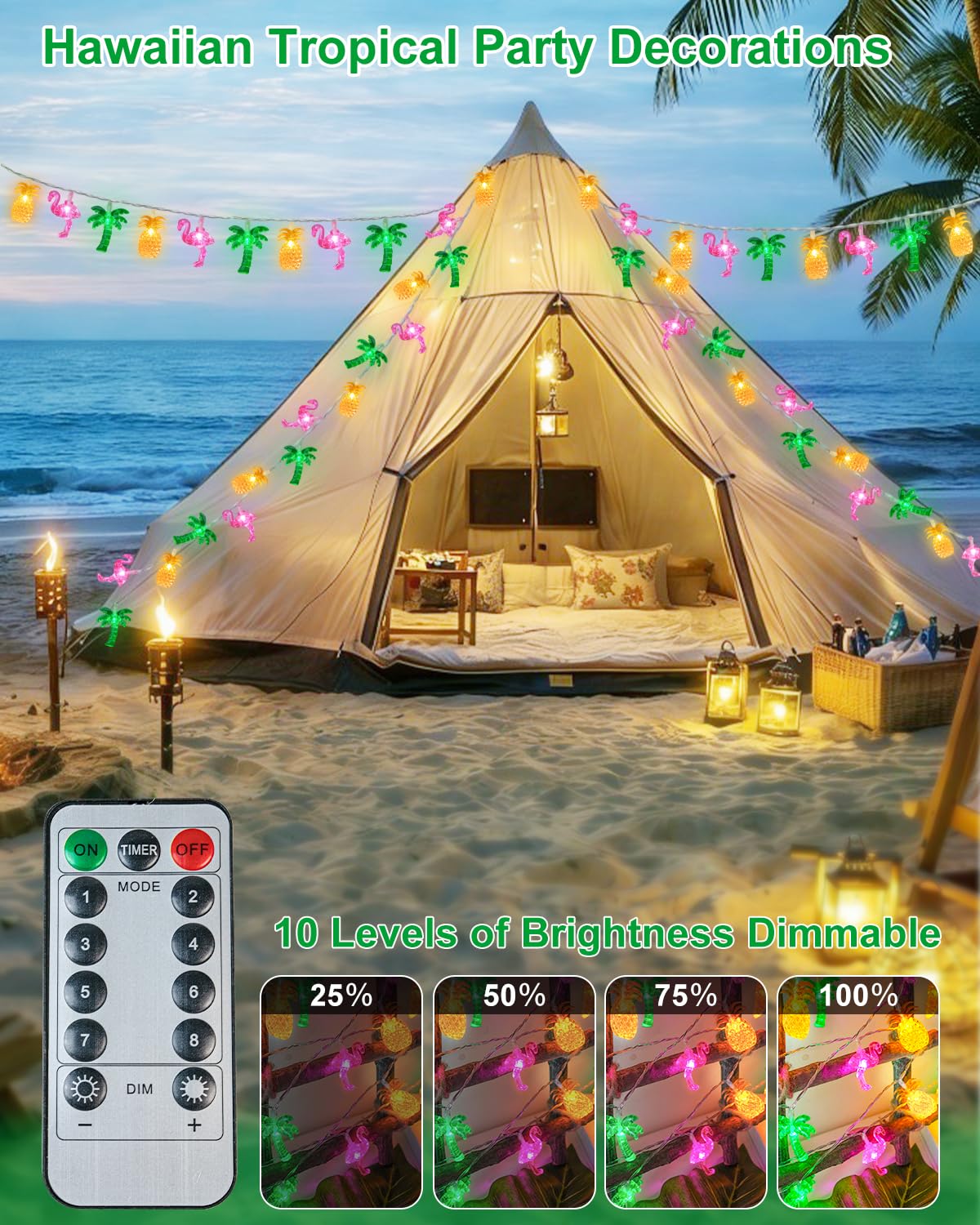 50 LED 25ft Summer Hawaiian Beach String Lights Outdoor with Remote, Flamingo Pineapple Palm Tree Fairy Twinkle Lights Battery Operated with 8 Modes & Timer for Tropical Party Beach Pool Decorations
