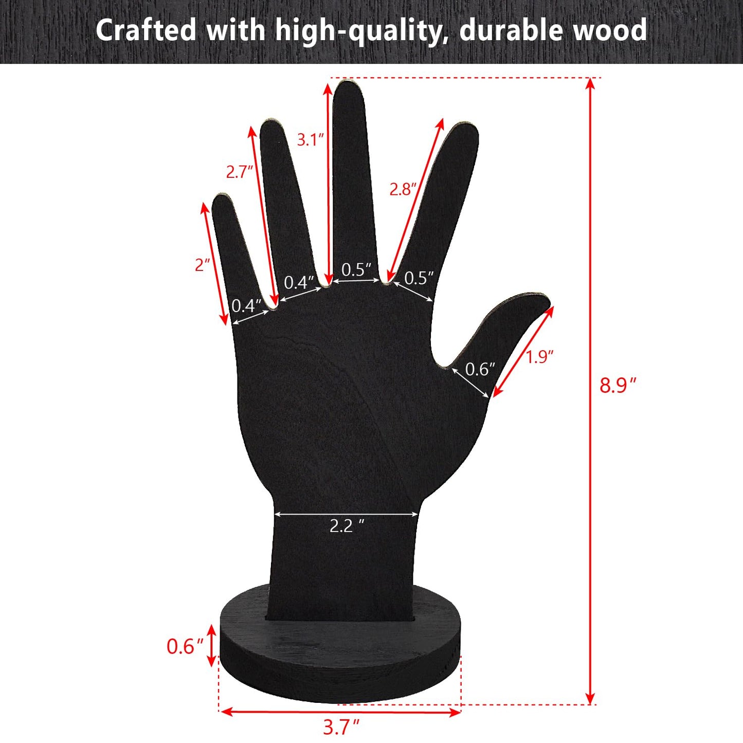 MOOCA 6-Piece Real Wooden Hand Form Jewelry Display Set, 2 Way Design for Wall Hanging or Standalone Mannequin Finger Hand Display, Premium Real Wood Sturdy Base, Black Color