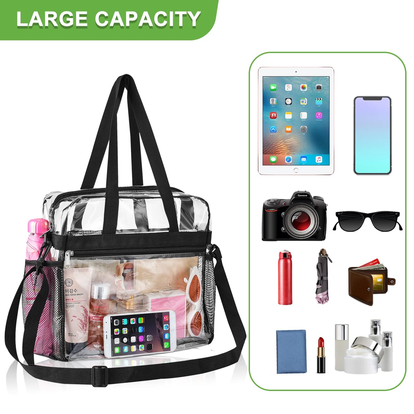 Oraben Clear Bag Stadium Approved 12x6x12 Clear Tote Bag with Removable Strap Clear Lunch Bag for Work Sports Festival (Black)