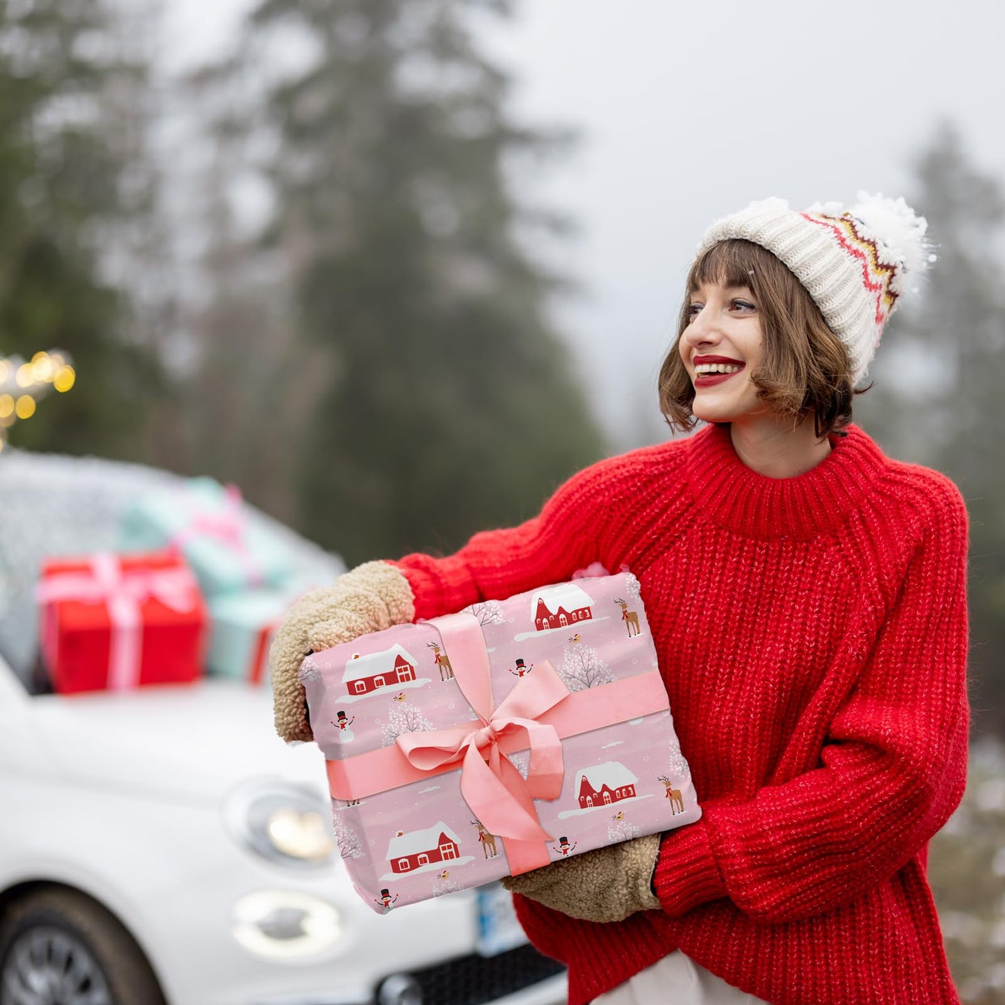 Cuitpan Pink Christmas Wrapping Paper - Xmas Gift Wrap with Snowy Houses, Reindeer, Snowmen & Trees Design - Perfect for Kids & Adults Gift Wrapping - 40×28 Inches, 4 Folded Sheets