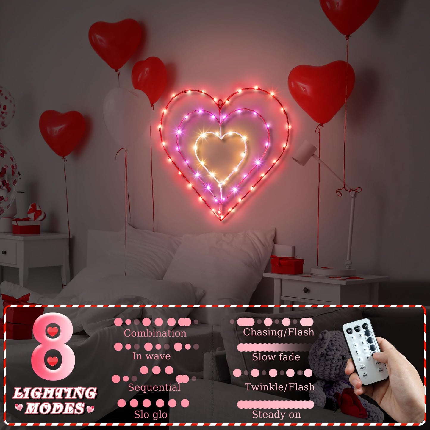 13 Inch Valentines Lights, Valentines Day Decorations with 8 Modes Timer Remote for Valentine‘s Day, Wedding, Proposal, Party Decorations(1 Pack, Heart)