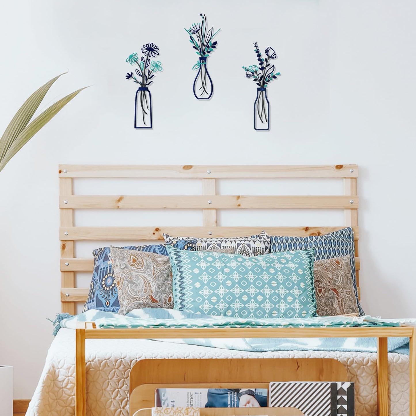 3 Pieces Metal Flowers Wall Arts - Rustic Farmhouse Style Décor Metal Wall Art Black Minimalist Flower Natural Themed Wall Decors for Home Bedroom Dining Room Housewarming (Blue)