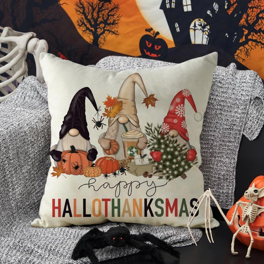 Halloween Hallothanksmas Gnome Pillow Covers 20x20, Fall Autumn Thanksgiving Christmas Throw Cushion Cases for Couch Sofa, Harvest Holiday Farmhouse Home Decor