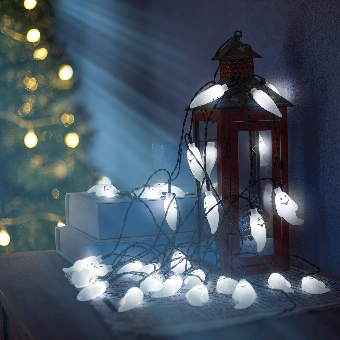 YOUNGAR Halloween Decor Lights,Solar Ghost Lights,2PACK 20ft 30 LED with 8 Modes Waterproof Solar String Lights,Outdoor Fairy Lights for Patio,Garden,Gate,Yard,Halloween Christmas(2Pack,Ghost)