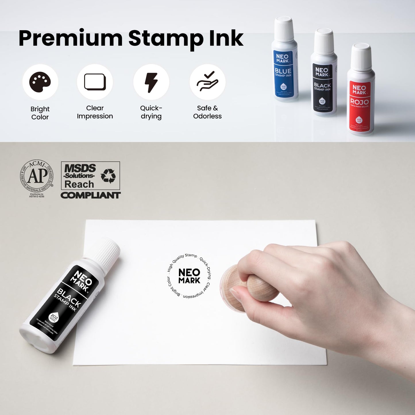 NEO MARK Premium Stamp Ink, Quick-Drying & AP-Certified Non-Toxic Refill Ink for Self-Inking Stamps, Date Stamps and Stamp Pads (Black, 2oz)
