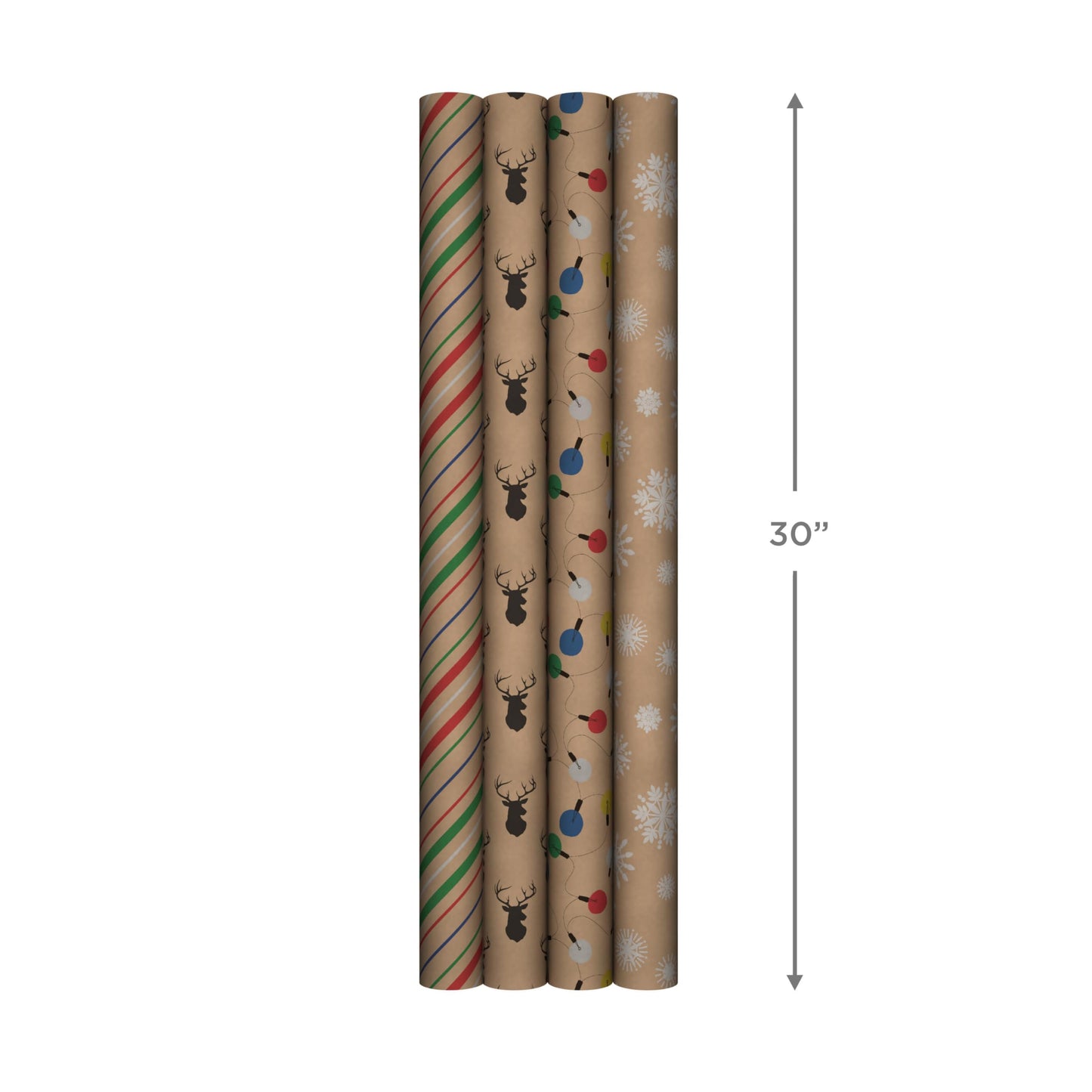 Recyclable Christmas Wrapping Paper for Kids with Cut Lines on Reverse (4 Rolls: 88 sq. ft. ttl) Kraft Brown with Christmas Lights, Deer, Snowflakes, Red, Green, Blue Stripes (0005JXW1212)