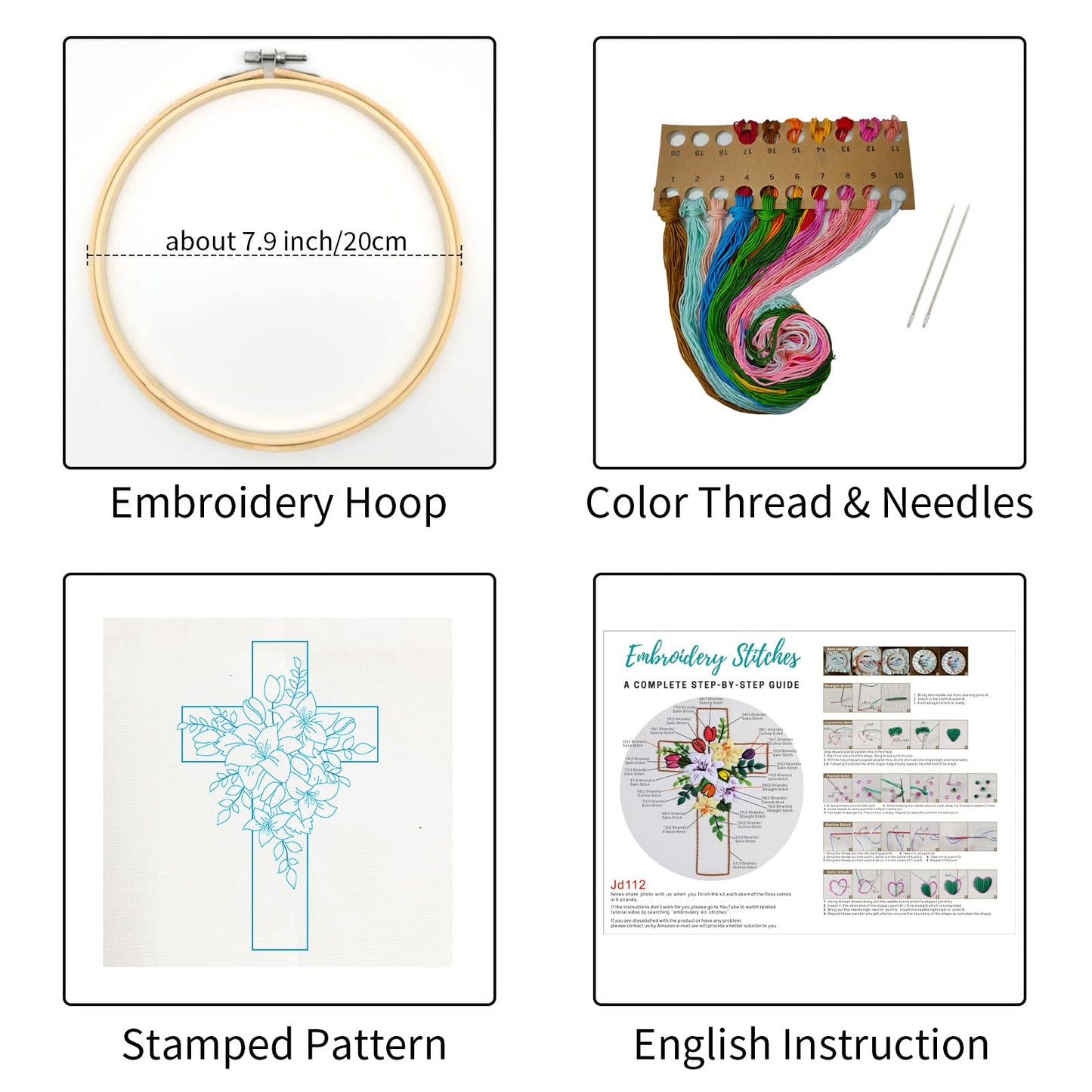 Cross Lily Pattern Embroidery Starter Kit,Cross Stitch Kits for Adults with Embroidery Hoop Needles Threads Instruction -Easter Jesus