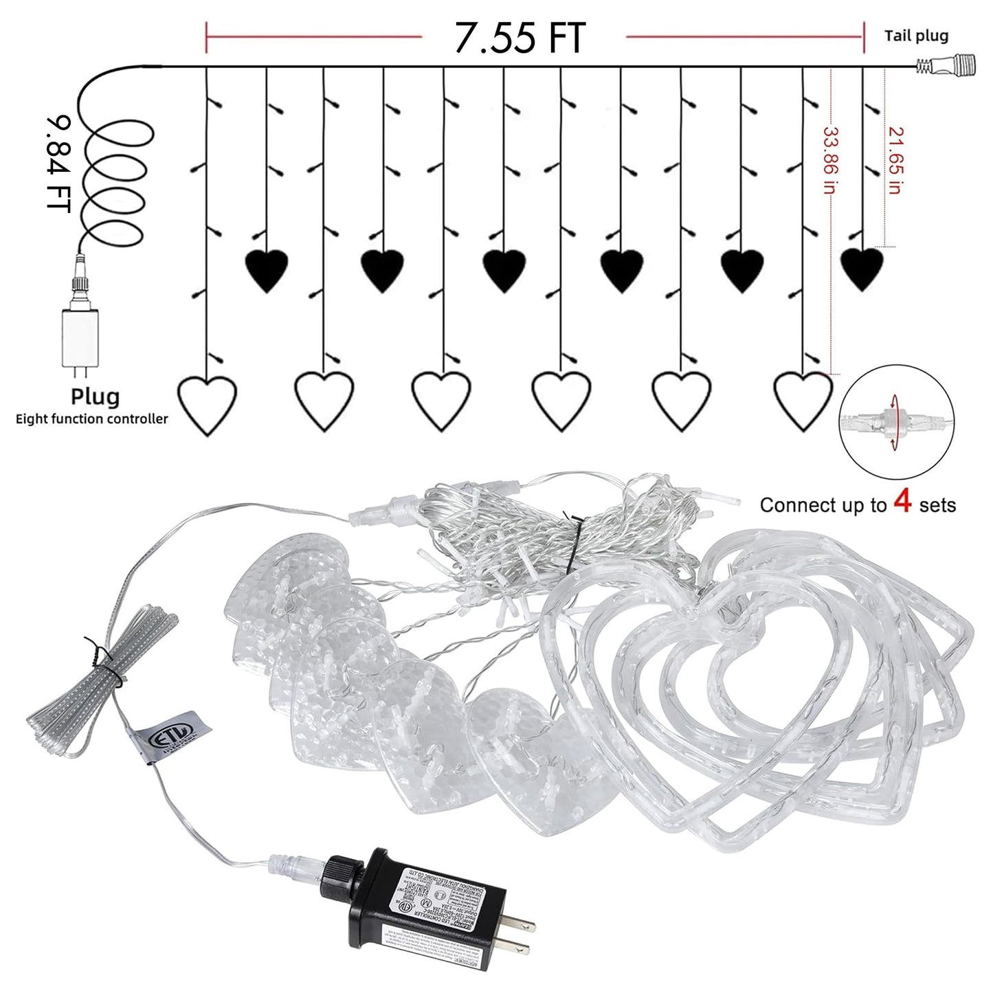 Valentine's Day Decoration, 138 LED Connectable Heart Curtain Lights with 8 Twinkle Modes, Plug in Pink Heart-Shaped Icicle Lights for Indoor Outdoor Garden Party Wedding Valentines Day Decor