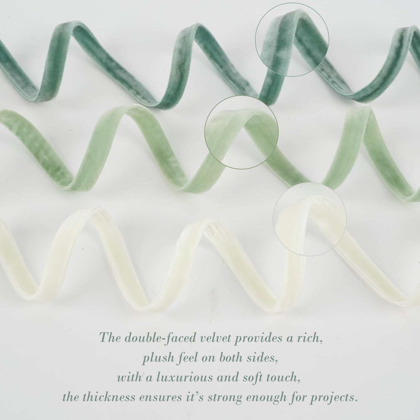 Velvet Ribbon 3/8 inch Double Face Dusty Green/Sage Green/Ivory Velvet Ribbon Set for Gift Wrapping, Christmas Tree Ornaments, Wreath Decor, Invitations, Fall Decor- 15 Yards/Set